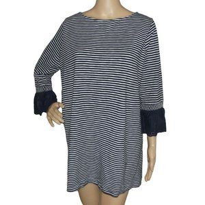 J. Jill Sweater Large navy blue white striped tunic sweater smocked bell sleeve